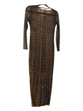 Sheer Pearl Mesh Maxi Dress Black Long Sleeve Rhinestone Festival Party